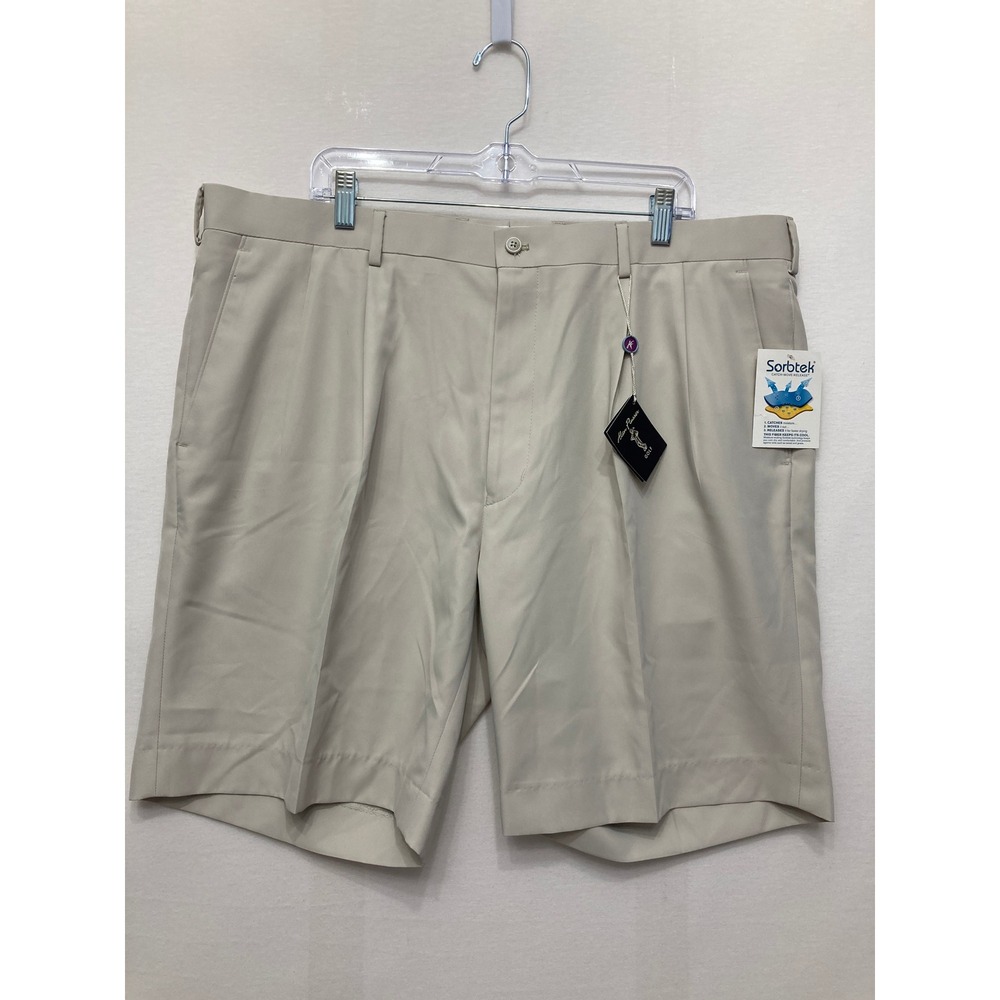 NWT Alan Flusser Mens Golf Shorts 42 Beige Tan Khaki Pleated Sorbtek Performance